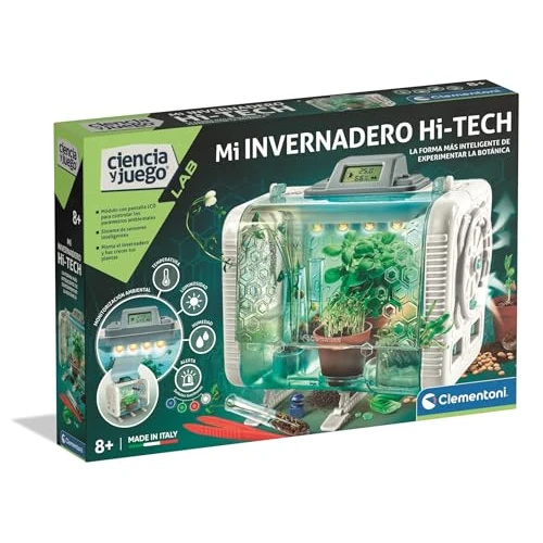 Clementoni - Serra tecnologica - Kit botanico per bambini - Sperimenta con il giardinaggio e la scienza - Controllo della temperatura Umidità e della luce - Display LCD - A partire da 8 anni - 55562