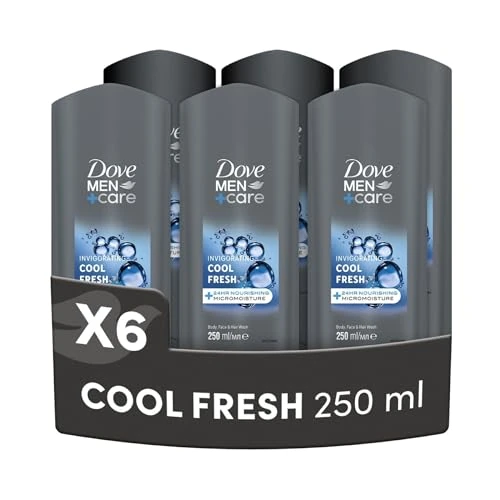 Dove, Dove Men+Care Cool Fresh męski prysznic 3 w 1, nawilżający ciało, twarz i włosy, z technologią MicroMoisture, zapewnia 24 godziny nawilżenia, 6 sztuk 250 ml