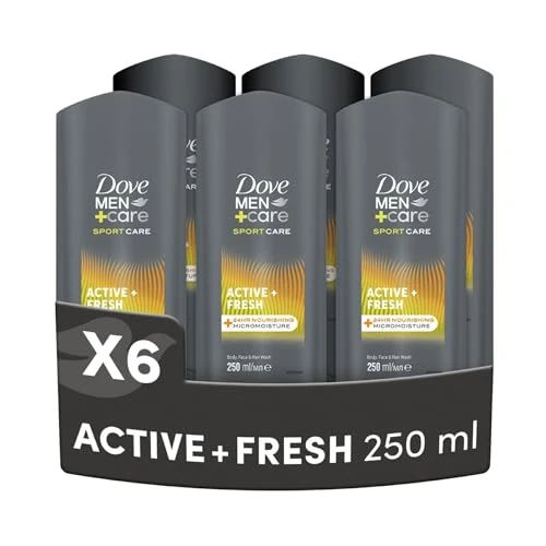 Dove, Dove Men+Care Sports Active Douche pour Homme 3 en 1 Hydratant pour le corps, le visage et les cheveux, avec technologie MicroMoisture, Fournit 24 heures d'hydratation, 6 pièces de 250 ml