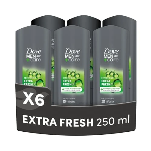 Dove, Dove Men+Care Douchegel, 3-in-1 lichaams-, gezichts- en haarschuim voor mannen, met micromoisture-technologie, hydrateert 24 uur, 6 stuks à 250 ml
