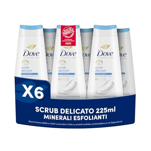 Dove Sanftes Peeling, feuchtigkeitsspendendes Duschgel, milde Formel auf dem Hautmikrobiom, mit pflanzlichen feuchtigkeitsspendenden Wirkstoffen, ohne SLES, Duschbad für Damen und Herren, 6 Stück à