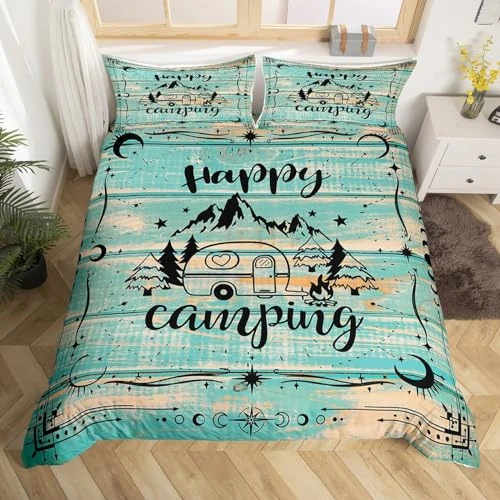 Homewish Happy Camping Dekbedovertrek 200 x 200 cm met 2 kussenslopen, Rustiek Camping-Car beddengoed voor Jongens Meisjes, Sprei, Accessoires voor Caravans, Groen, Zonder Dekbed