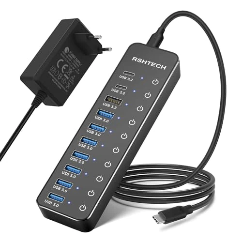 Offerta a tempo: Hub USB Alimentato, RSHTECH Hub USB 3.2/USB C a 10 Porte con Porte Dati USB-A 3.2 e 2x USB-C 3.2 10Gbps, 7 Porte USB-A 3.0 e Alimentazione 12V/5A 60W, Interruttori Individuali USB HUB, RSH-ST10C - 15% da 49.98 € a 42.49 €