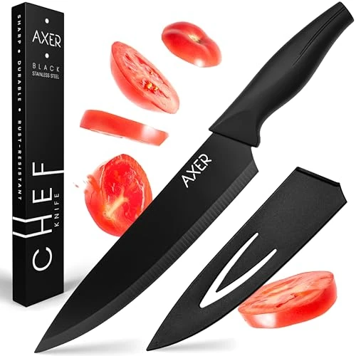 Axer Chef's Knife 20 cm Sharp Kitchen Knife with Blade Guard Black Chef's Knife Sharp Carbon Steel Knife with Sheath Black