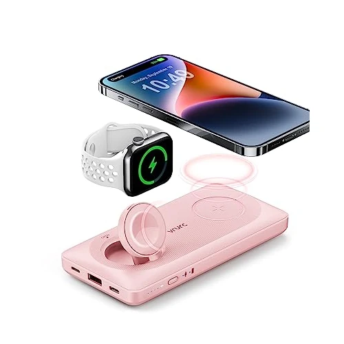 VRURC Magnetische powerbank, PowerBank 10000 mAh, draadloze oplader, 3-in-1, snel opladen met 22,5 W, compatibel met iPhone serie, Apple Watch enz. - roze