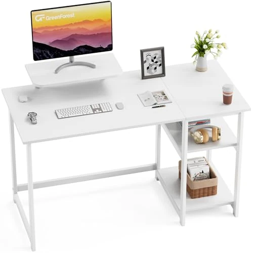 GreenForest Escritorio de Computadora con Reversible Estantes de Almacenamiento, Mesa de Oficina para Ahorro de Espacio y, Mesa de Estudio Pequeña para Sencillo Montaje,Blanco Puro