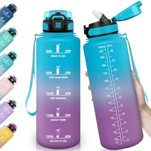 HoneyHolly Botella Agua Gimnasio 1.5L, con Pajita, con Marcador de Tiempo, Botella de Agua Deportiva, Prueba de Fugas, Cantimplora para Escuela, Senderismo, Fitness