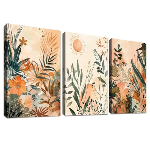 3Pcs Wooden Framed Canvas Wall Art Botanical Watercolor Wildflower Painting on Canvas Prints Orange Floral Pictures for Living Room Bedroom Dinning Room Hallway Stairs Wall Decor 30x40cmx3pcs
