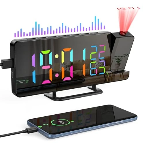 AIMMIE Radiowekker Met Projectie, 180 Graden FM Projectiewekker, Digitale Wekker Voor Nachtkastje, USB-Projector, Dubbele Wekker, 12/24 Uur, 12/24 Cm