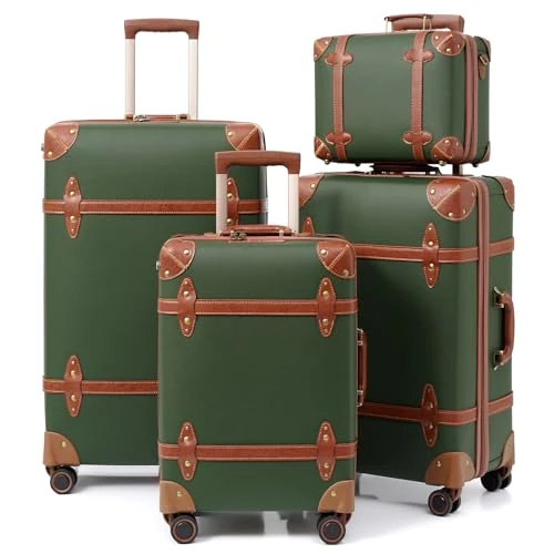 Urecity Vintage Travel Suitcase Set 4 Pieces Lightweight Retro Leather Suitcase Hard Shell Trolley Hand Luggage Sets with TSA Lock and 8 Wheels (S-M-L-XL) (Green), Green, Kofferset, Vintage Style