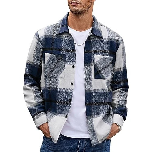 COOFANDY Heren flanellen overhemdjas met lange mouwen casual geruit overhemd geruite jas voor mannen met zakken, Blauw, XXL