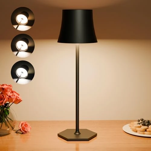 Tyonto Lampe Table LED Rechargeable Sans Fil,Réglage Tactile Batterie 5000mAh,Chargement USB,IP54 Étanche,Peut Poser Bureau,Chevet,Chambre,Extérieur (1 pièce, noir)