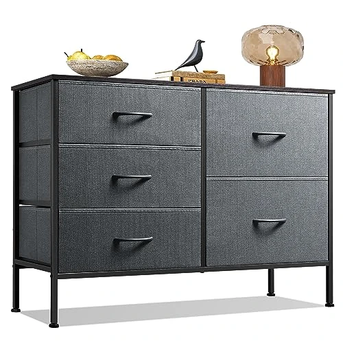 WLIVE Chest of Drawers Grey Storage Unit with 5 Fabric Drawers