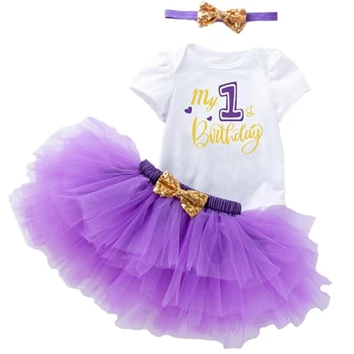 Winmany Baby Girl First Birthday Clothes 3PCS Bow Headband My 1st Birthday Romper Tutu Skirt Cake Smash Outfit Set for Photo Shoot Purple