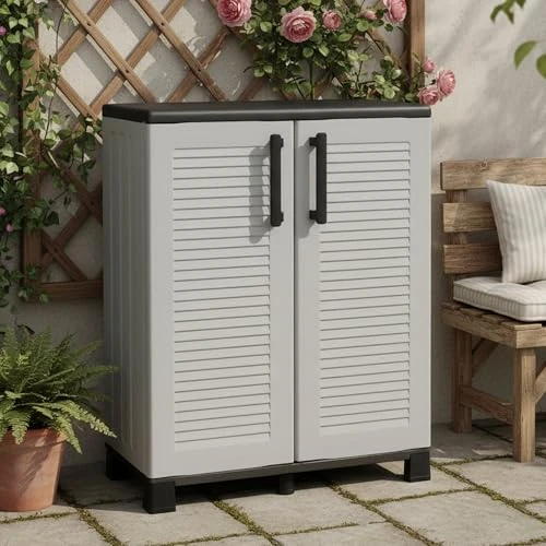 Offerta a tempo: Dmora - Armadio da esterno Wavre, Armadio balcone multiuso, Mobile outdoor 2 ante, 100% Made in Italy, 68x37h90 cm, Grigio chiaro e Nero, Finitura righe - 37% da 106.99 € a 66.99 €