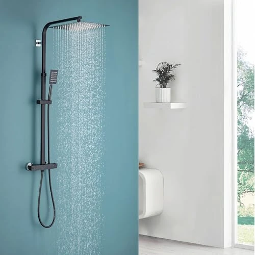 Auralum Shower Column with Thermostatic Mixer Tap Black Stainless Steel Adjustable Height 96-130 cm, Shower Mixer Tap with Shower Head 30 x 30 cm