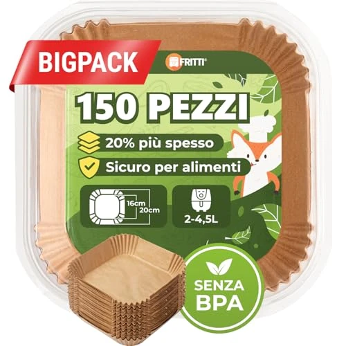 FRITTI Backpapier für Heißluftfritteuse 150 Stück DEKRA geprüft 16-20 cm quadratisch Heissluftfritteuse Zubehör Papier für Airfryer 2-5L