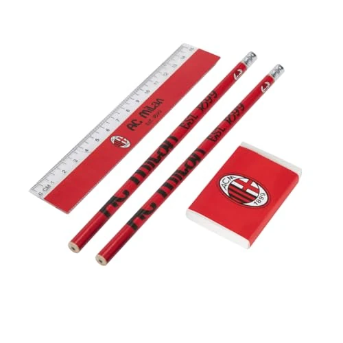 AC Milan School Stationery Set with 2 Pens, 1 15 cm Ruler and 1 Eraser Official Product, red, Classic