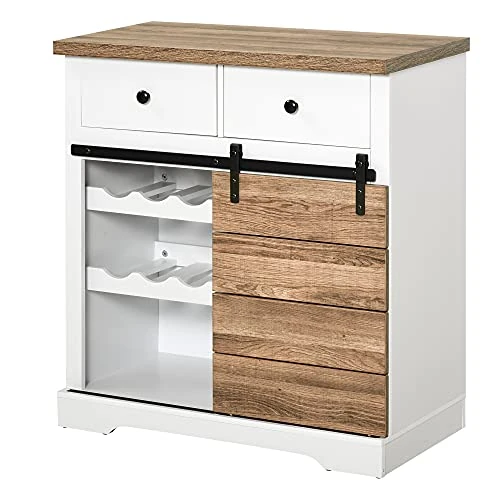 HOMCOM Mueble de Cocina rústico con 2 cajones, estantes Abiertos y botellero, aparador Buffet de Madera y Metal, 80 x 39 x 86 cm, Blanco y Color Madera