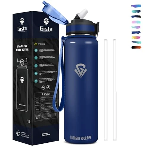 Offerta a tempo: Grsta Borraccia Termica 1 litro, con Cannuccia Senza BPA, 18/8 Acciaio Inox, Palestra Senza Perdite, per Bevande Calde, Fredde, Sport, Yoga, Campeggio - 43% da 22.99 € a 13.03 €