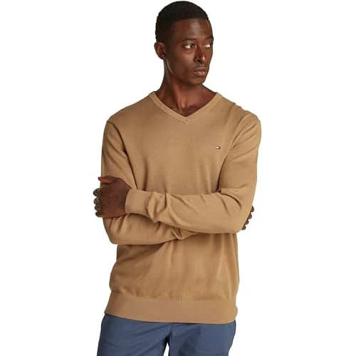 Tommy Hilfiger Pull Homme Essential Cotton Col en V, Beige (Safari Canvas), XL