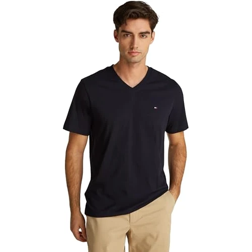 Tommy Hilfiger Herren T-Shirt Kurzarm Essential Tee mit V-Ausschnitt, Blau (Desert Sky), XS