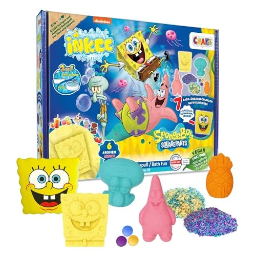 Offerta a tempo: Confezione regalo INKEE SPONGE BOB - set da bagno - 7 additivi da bagno per bambini, palline da bagno SpongeBob e sali da bagno per bambini con olio di avocado + accessorio - 0.00% da 14.99 € a 14.99 €