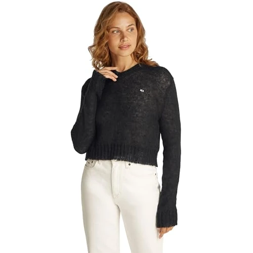 Tijdelijke aanbieding: Tommy Jeans Dames TJW OPEN KNIT V-NECK SWEATER Pullover Trui, Zwart, L, Zwart (zwart), L van 64.90 EUR naar 64.90 EUR (korting 0%)