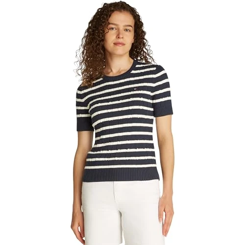 Offerta a tempo: Tommy Hilfiger Pullover Donna Pullover in Maglia, Multicolore (Dark Night Navy/Ivory Petal STP), S - 50% da 119.90 € a 59.76 €
