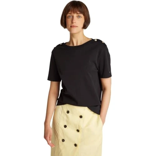 Offerta a tempo: Tommy Hilfiger Donna T-Shirt Maniche Corte Stripe Gold con Bottoni, Nero (Black), M - 59% da 59.90 € a 24.60 €