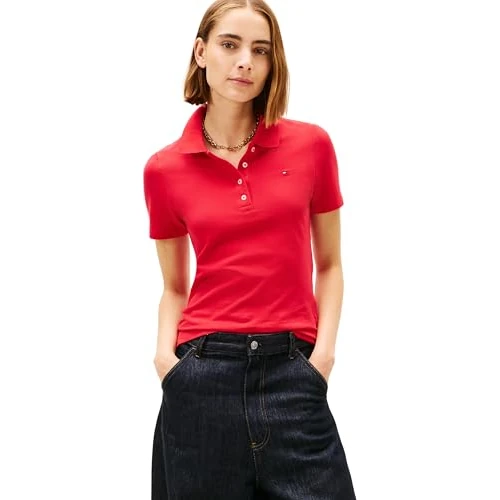TOMMY HILFIGER Damska koszulka polo SLIM PIQUE SS 1985 WW0WW43225, czerwona, XXL, Czerwony (główny czerwony), XXL