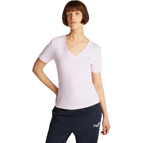 Tommy Hilfiger T-Shirt Manches Courtes Femme New Slim Cody Col en V, Rose (Light Pink), S