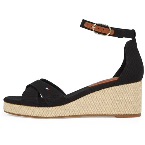 Oferta limitada: Tommy Hilfiger Alpargatas de cuña Mujer Flag Criss-Cros Mid con correa de tobillo, Negro (Black), 39 de 99.90 EUR a 48.00 EUR (ahorro 52%)