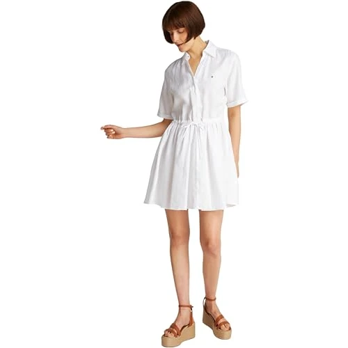 Tommy Hilfiger Women’s Short Linen Dress with Waist Belt, White (Th Optic White), 10