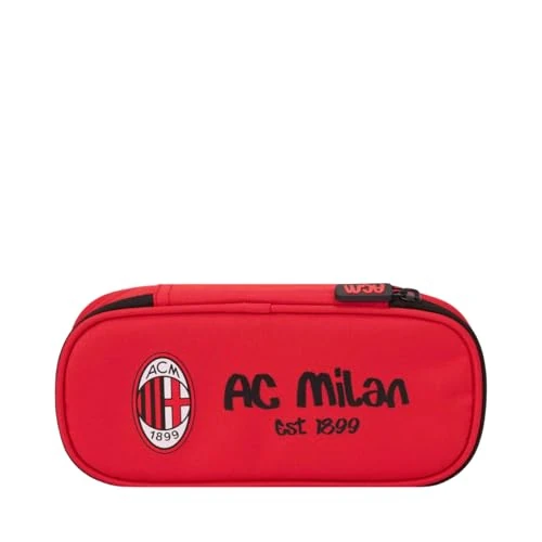 AC Milan Oval Pencil Case with Inner Pocket, Pen Holder, Polyester Pencils, Red, Red, Stylish