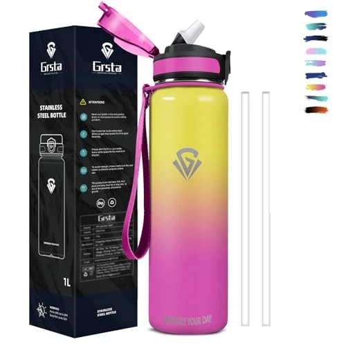 Limited offer: Grsta Drinking Bottle 1 Litre Stainless Steel BPA-Free Water Bottle with Straw for Carbonated Drinks, Water Bottle Double Walled for Fitness, Hiking, Camping, Yoga, Cycling from 22.99 EUR to 17.82 EUR (save 22%)