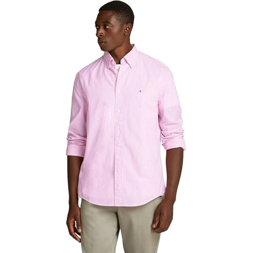 Tommy Hilfiger Uomo Camicia Flex Poplin Classic Regular Fit, Multicolore (Classic Pink/Optic White), XS