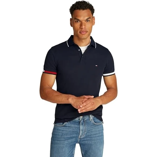 Tommy Hilfiger Herren Poloshirt Kurzarm Flag Cuff Slim Fit, Blau (Desert Sky), M