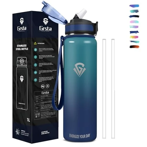 Grsta Butelka na wodę, 1 l, butelka na wodę termiczną, butelka na siłownię ze słomką, bez BPA, stalowa butelka na wodę, próżniowa z podwójnymi ściankami, metalowa butelka do gorących napojów, zimnych,