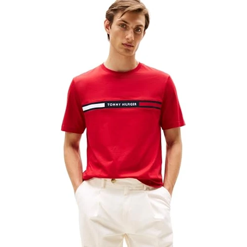 Offerta a tempo: Tommy Hilfiger T-Shirt Maniche Corte Uomo Scollo Rotondo, Multicolore (Medium Red), XS - 48% da 49.90 € a 25.80 €