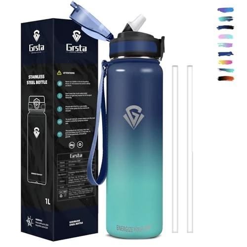Offerta a tempo: Grsta Borraccia Termica 1 litro, con Cannuccia Senza BPA, Facile da Aprire, Serratura Sicura, Palestra Senza Perdite, Borraccia per Scuola, Sport, Campeggio, Ciclismo - 0.00% da 22.99 € a 22.99 €