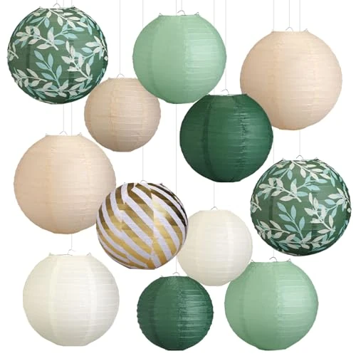 Offre limitee: LIHAO Lampion Lanterne Papier Chinoise Vert Sauge/Crème/Doré, 12pcs Décoration Anniversaire Mariage Fête Nouvel An, 8/10/12 inch de 16.99 EUR a 16.99 EUR (economie 0%)