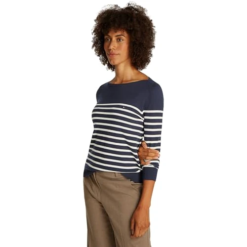 Offerta a tempo: Tommy Hilfiger Pullover Donna Pullover in Maglia, Multicolore (Dark Night Navy/Ivory Petal STP), S - 38% da 99.90 € a 61.95 €