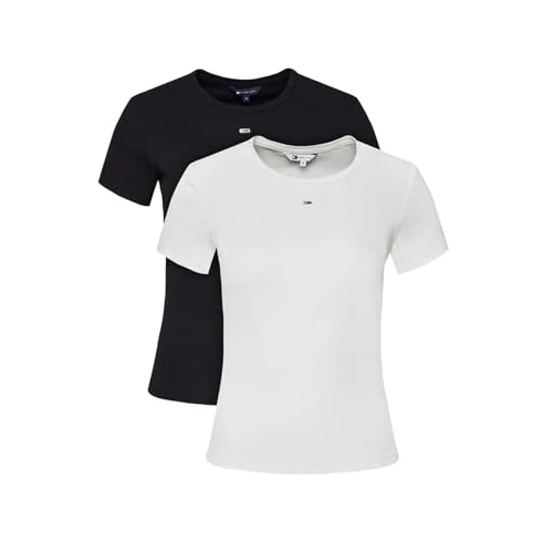 Tommy Jeans Women’s 2 Pack Short Sleeve Essential Rib Slim Fit T-Shirts, Multicolor (Ecru/Dark Night Navy), XXS