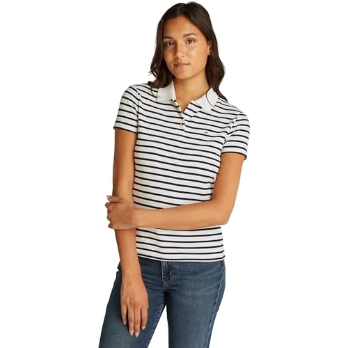 Tommy Jeans Tjw Slim Essential Polo SS Dw0Dw20160, Polo a Maniche Corte, Donna, Bianco (Ecru/Navy Stripe), XS