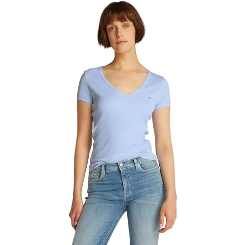 Limited-time offer: Tommy Jeans Womens Tjw Slim Essential Rib V Dw0dw17385 S/S T-Shirt, Blue, XXS UK from 30.00 GBP to 22.14 GBP (save 26%)