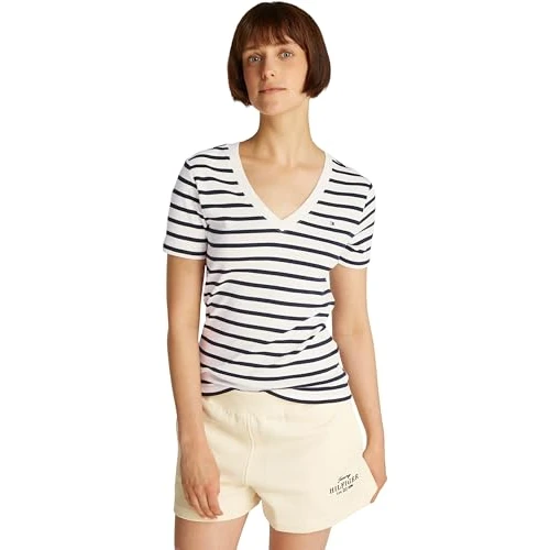 Tommy Hilfiger Donna T-Shirt Maniche Corte New Slim Cody con Scollo a V, Multicolore (Breton Dark Night Navy STP), XS