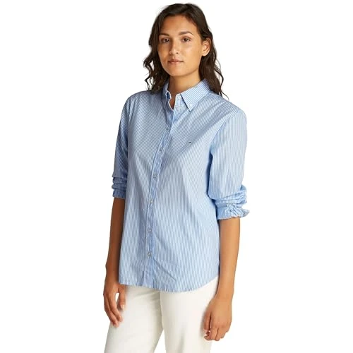 Offerta a tempo: Tommy Jeans Tjw Reg Pinstripe Poplin Shirt Dw0Dw20290, Camicia a Maniche Lunghe, Donna, Bianco (Sugarplum Blue/Stripe), L - 39% da 89.90 € a 54.95 €