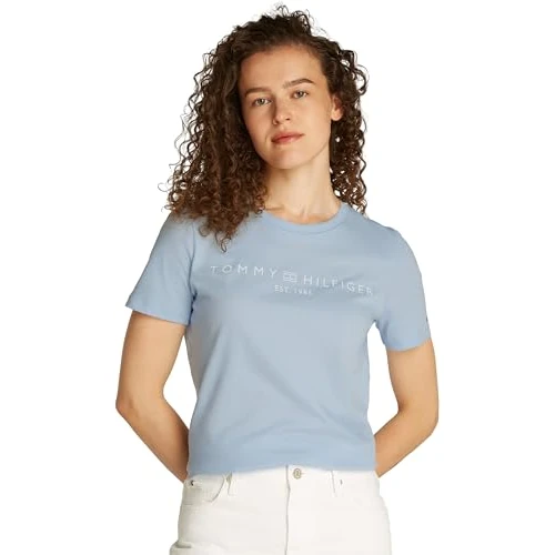 TOMMY HILFIGER Damskie logo REG CORP C-NK SS WW0WW40276, niebieskie, L, Niebieski (Breezy Blue), L