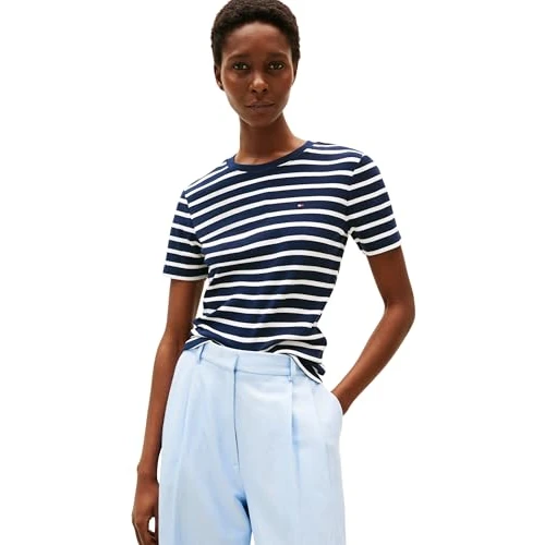 Offerta a tempo: Tommy Hilfiger Donna T-Shirt Maniche Corte Slim Cody Scollo Rotondo, Multicolore (Dark Night Navy/Ecru STP), XXL - 29% da 49.90 € a 35.19 €